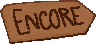 A button with the appearance of a wooden sign, directing to the homepage of the ENCORE comic